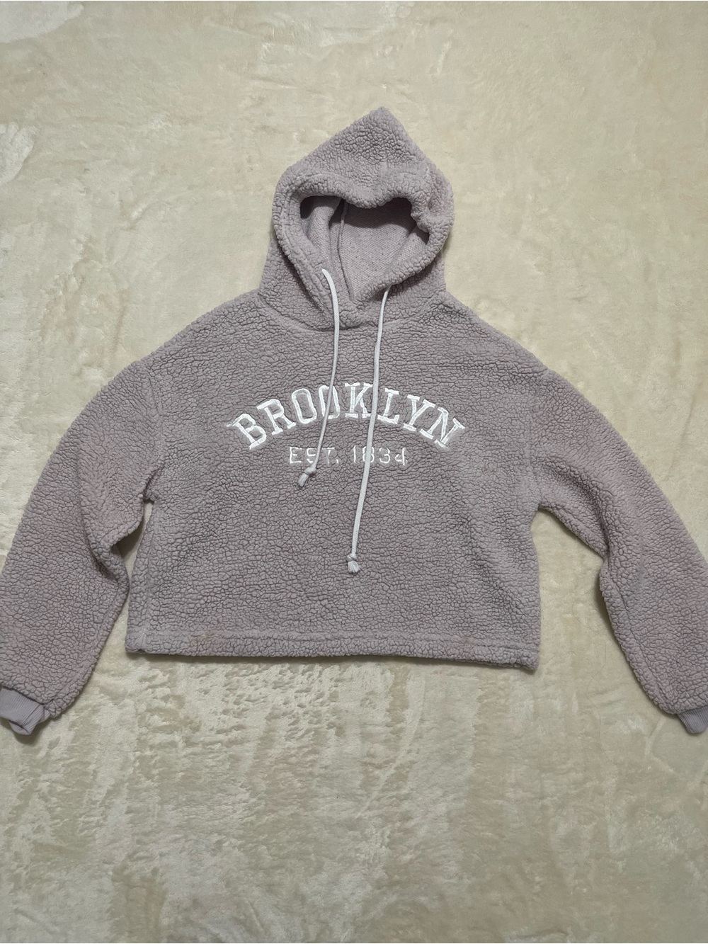Grayson Threads Cropped Sherpa Hoodie - Taupe with White Applique